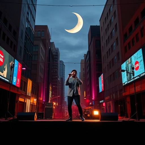 Escena del video musical de Luna Creciente, con la artista cantando en un escenario urbano.